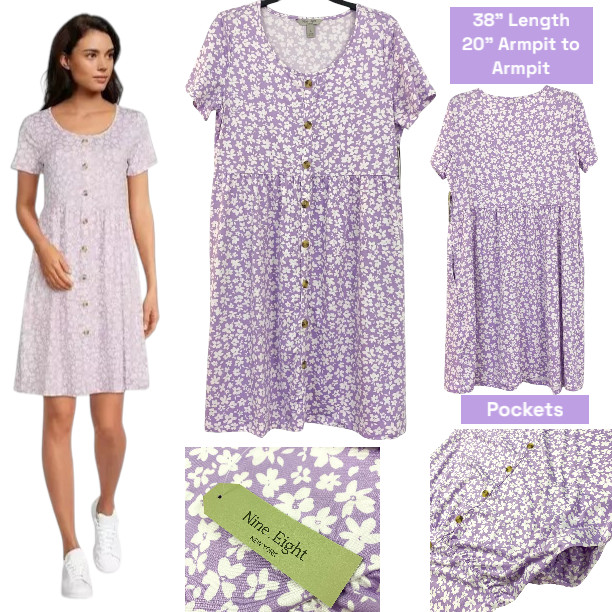 Nine Eight New York Womens Size L Empire Waist Knit Button Dress Floral Purple