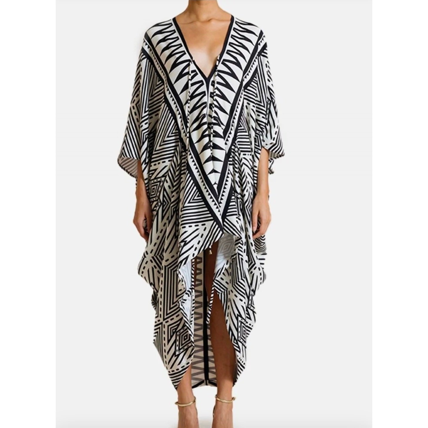 Koandaily Vacation Resort Long Sleeve Elegant Ethnic Batwing Tunic mumu Dress XL