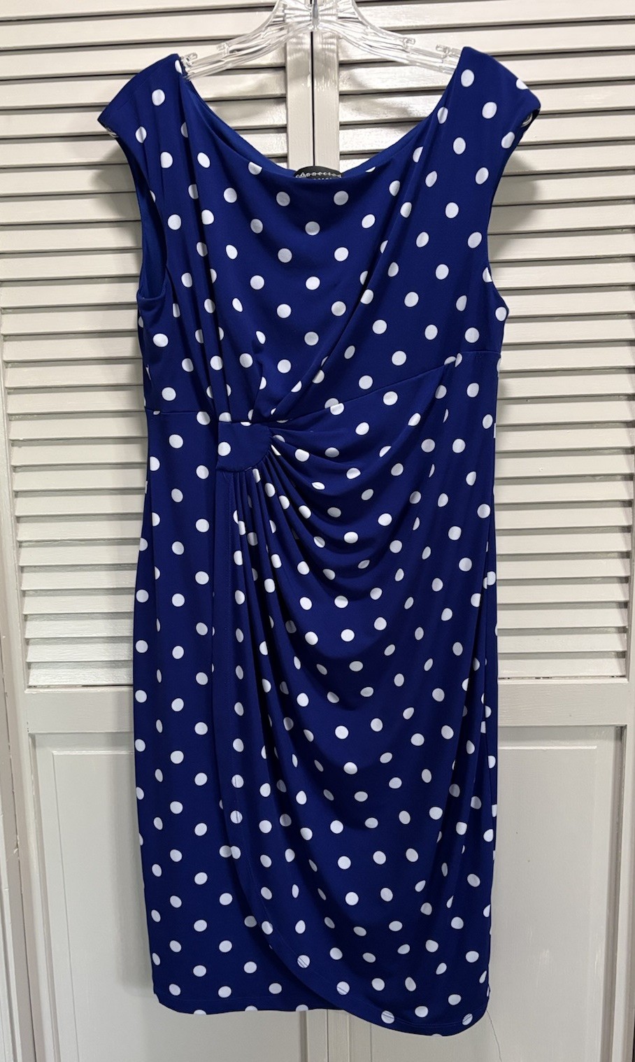 Connected Blue/White Polka Dot Midi Dress Size 14 Straps Gathered Wrap Skirt