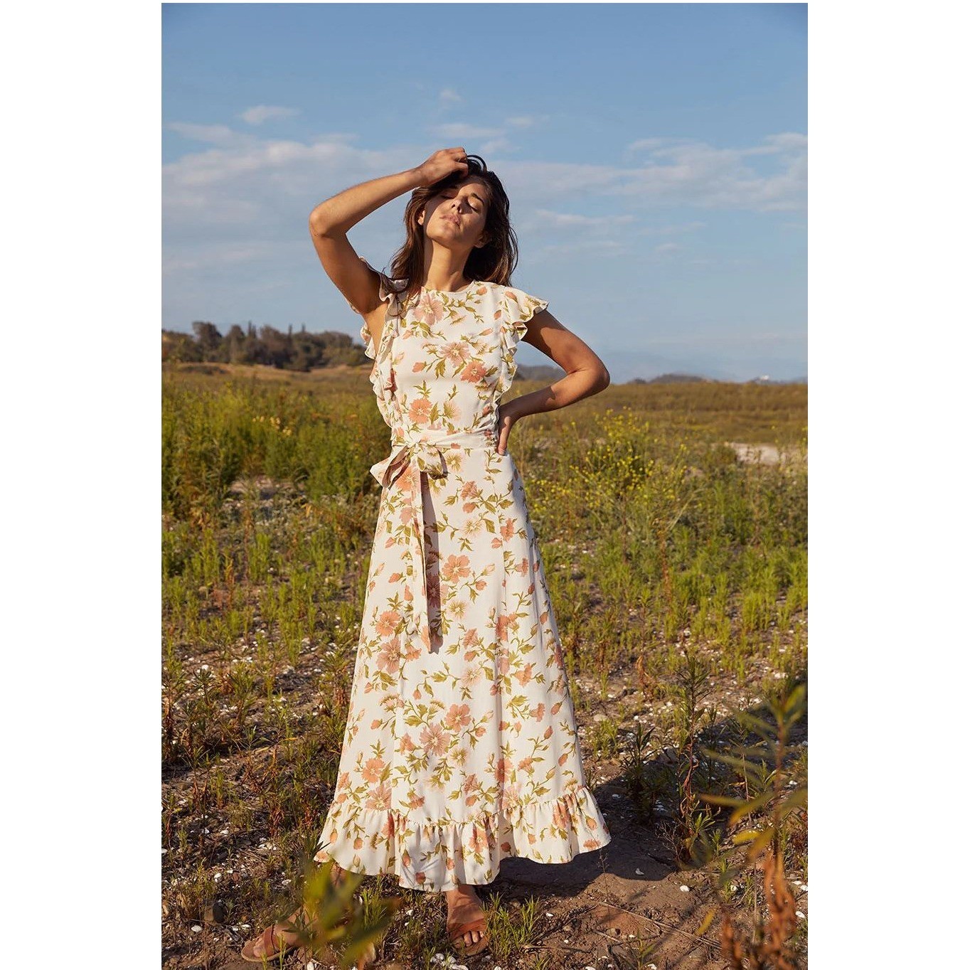 Christy Dawn Quinn Dress in Crepe Floral Size Small Cream Off White Maxi Dress