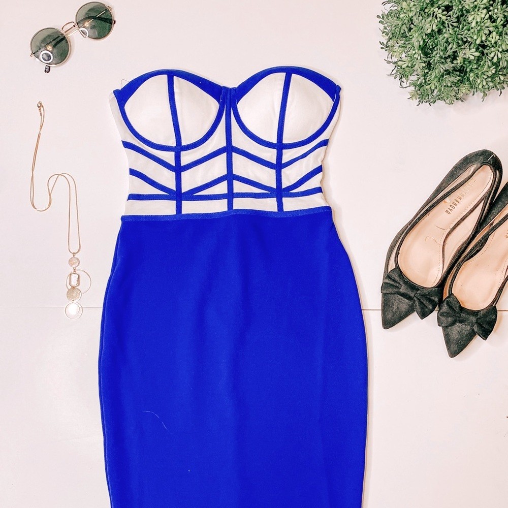 Strapless Blue and White Bodycon Dress with Boning Detail