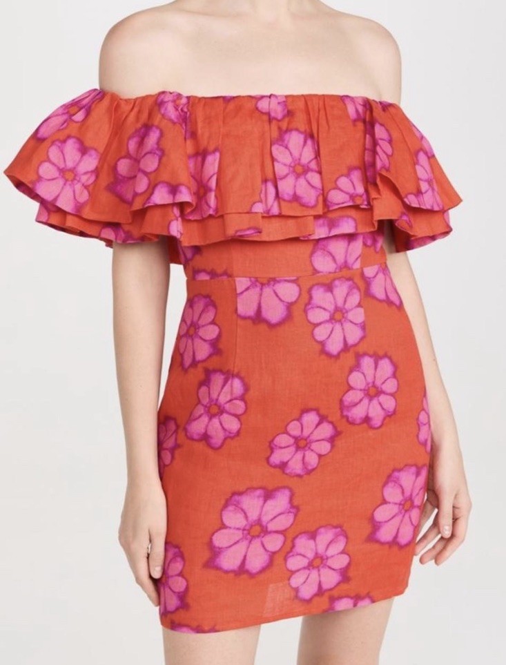 RHODE Vivi Orange Pink Floral Off-Shoulder Ruffle Mini Dress Zip 2