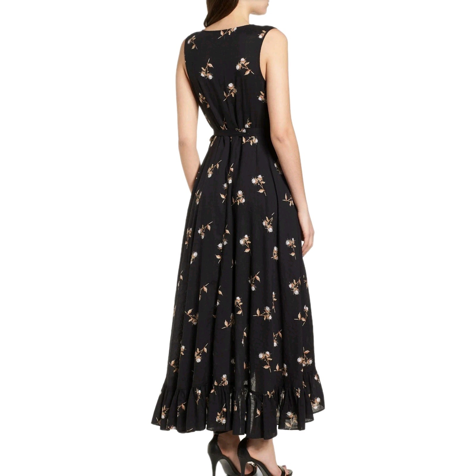 BP Maxi Dress Womens XXS Black Floral Sleeveless Ruffle Tie Front Waist Hi-Lo
