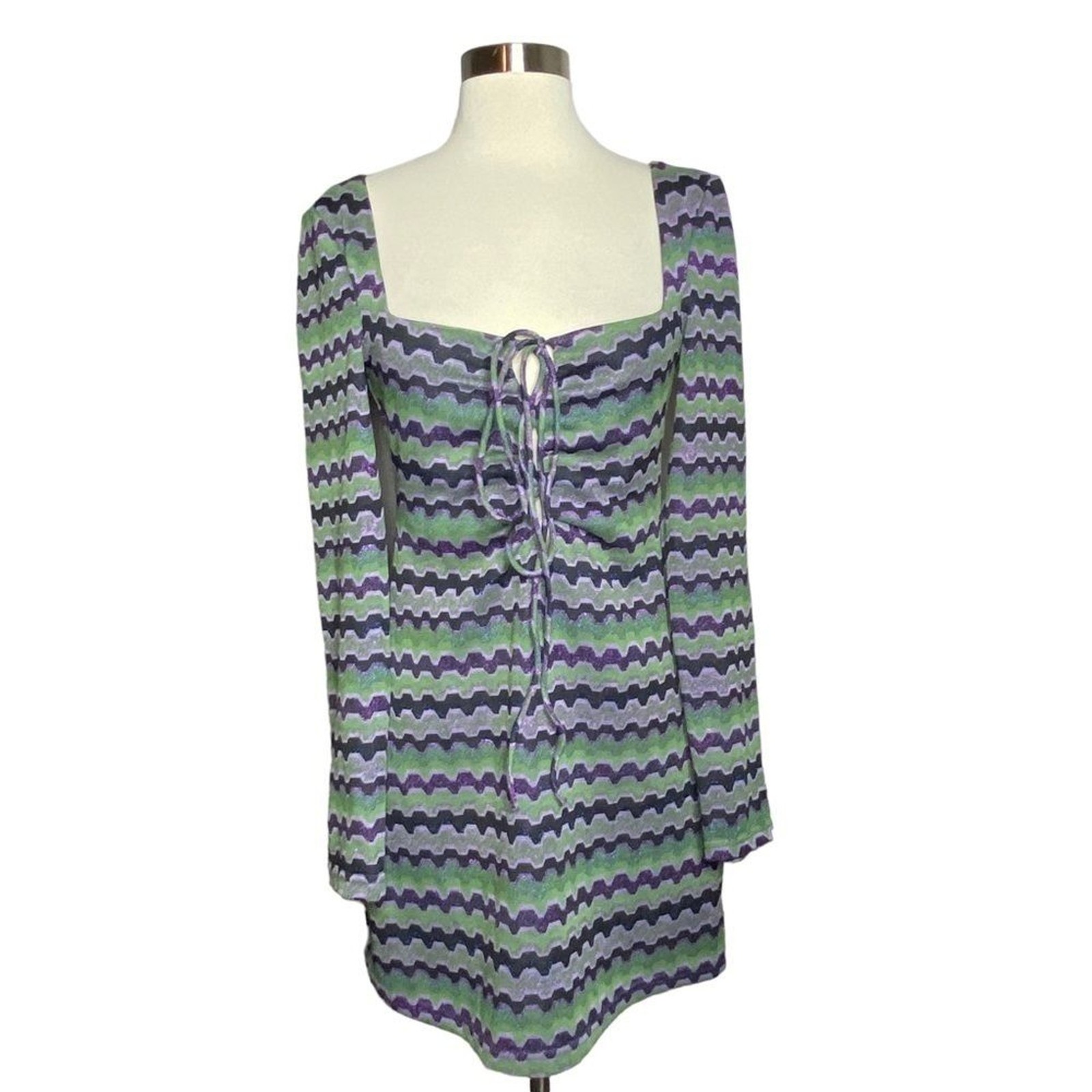 Zara Retro Print Metallic Chevron Zig Zag Mini Dress Long Sleeve S