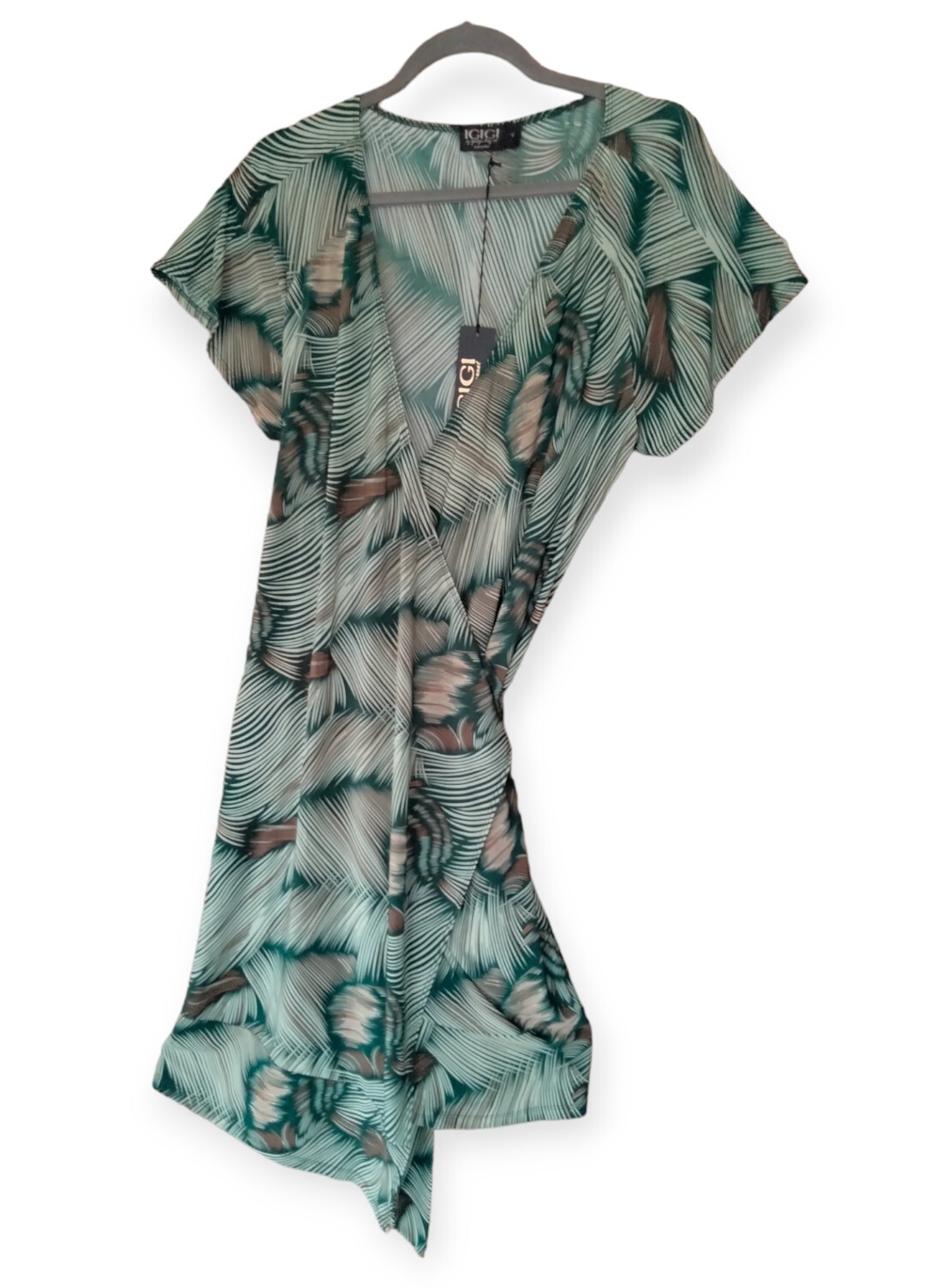 Igigi Wrap Dress Size 12 Green Beige Flowey Mid Length New with Tags NWT