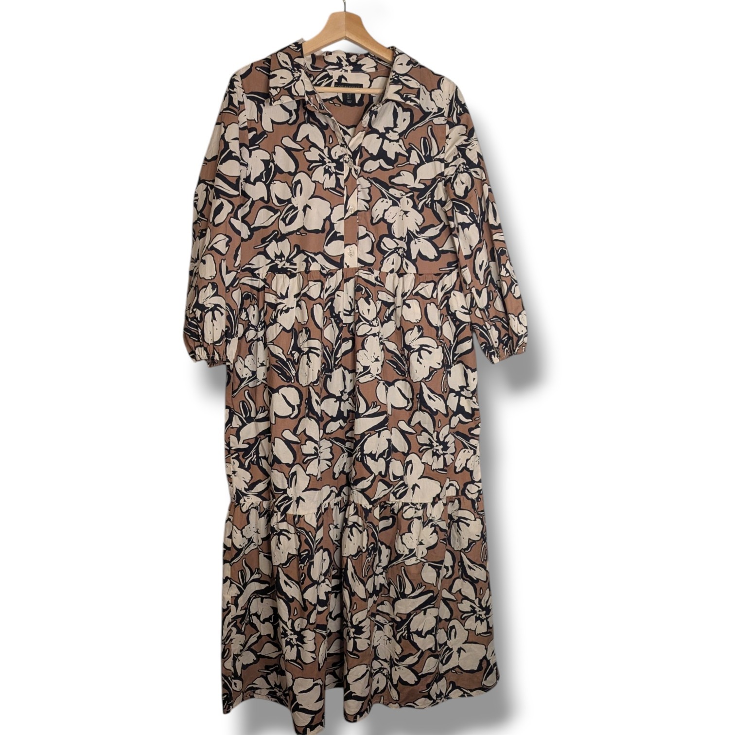 Cynthia Rowley Floral Tiered Midi Shirt Dress Tan Black White Cotton Blend Large