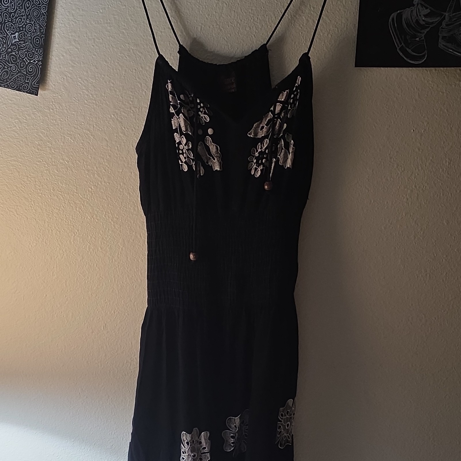 Advance Apparels Black/Silver Floral Embroidered Maxi Dress Spaghetti V-Neck