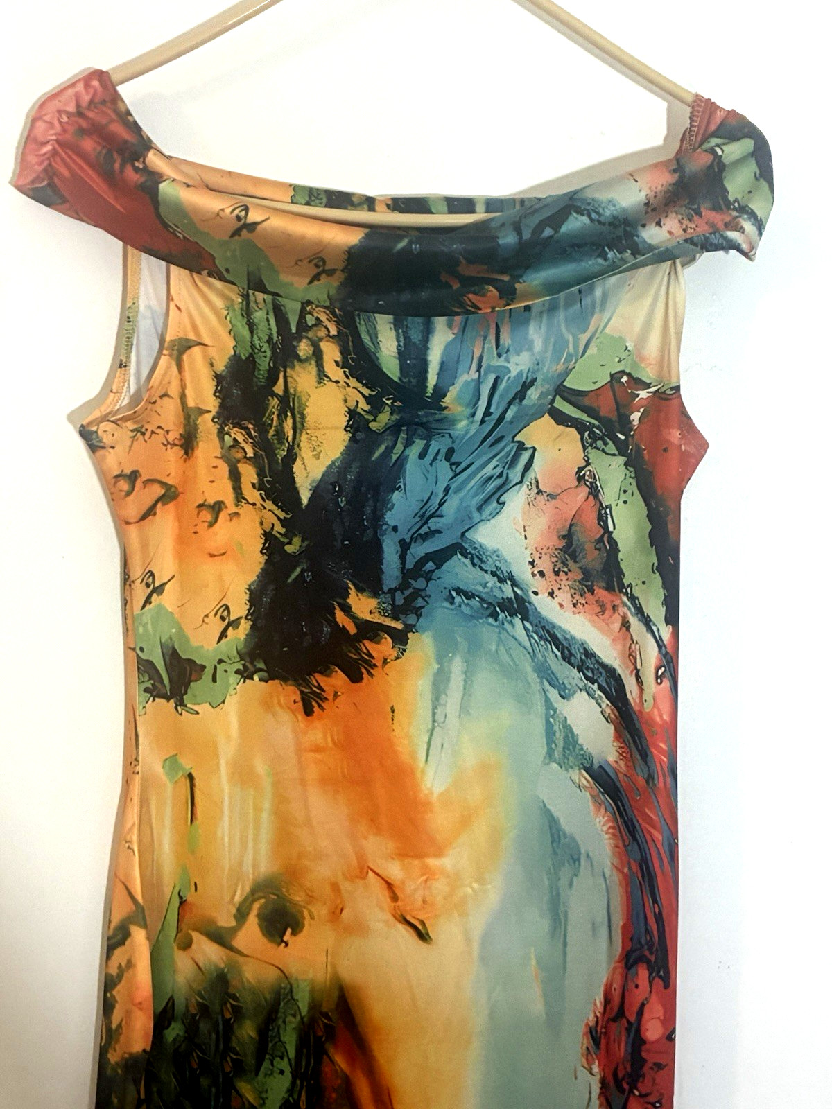 Abstract Watercolor Cowl Neck Midi Dress Women Small Multicolor Stretch