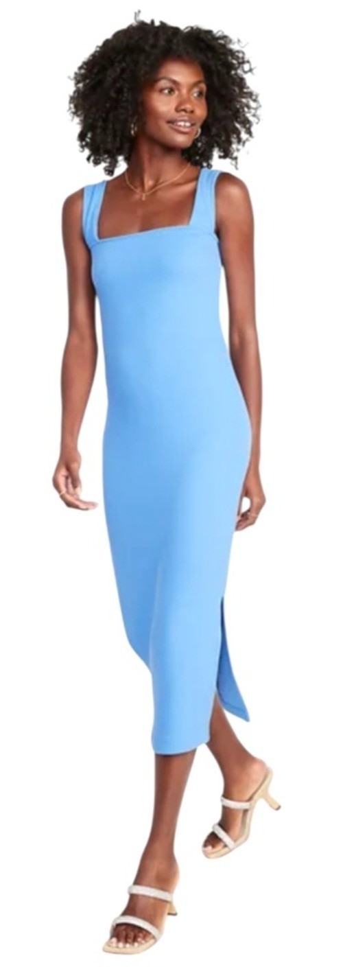 Old Navy Dress Women XS Blue Fitted Sleeveless Rib Knit Midi NWT Preppy Colorful