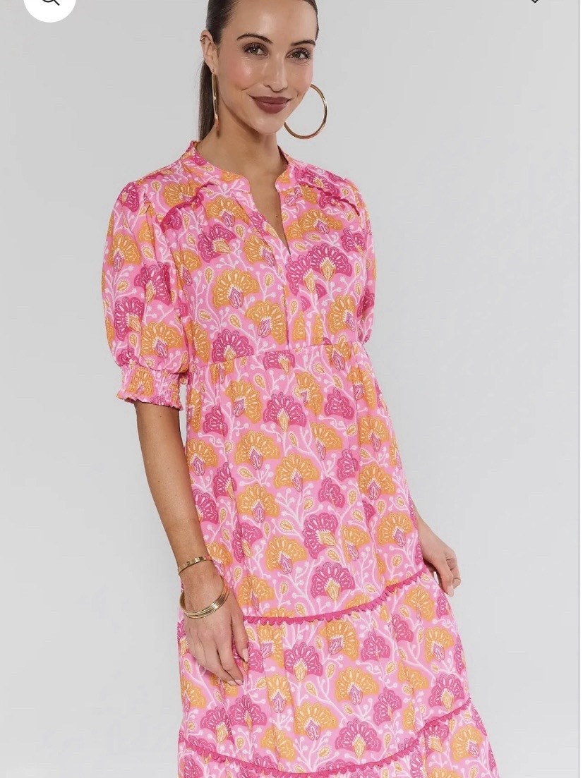 Umgee Pink Orange White Floral V-Neck Ruffle Midi Dress 3/4 Sleeve M