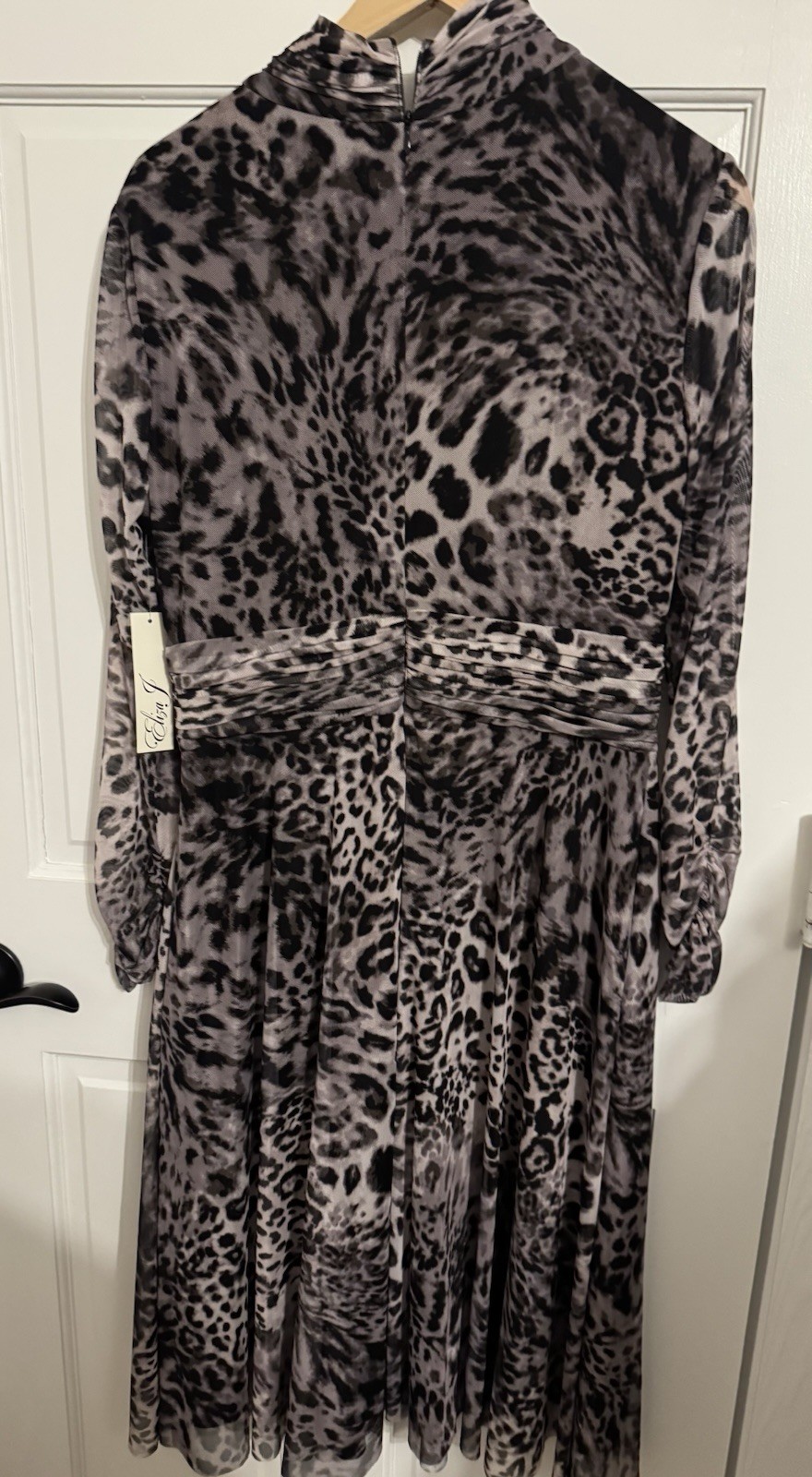 Eliza J Gray Black Leopard Mesh Midi A-Line Dress Mock Neck Long Sleeve 14