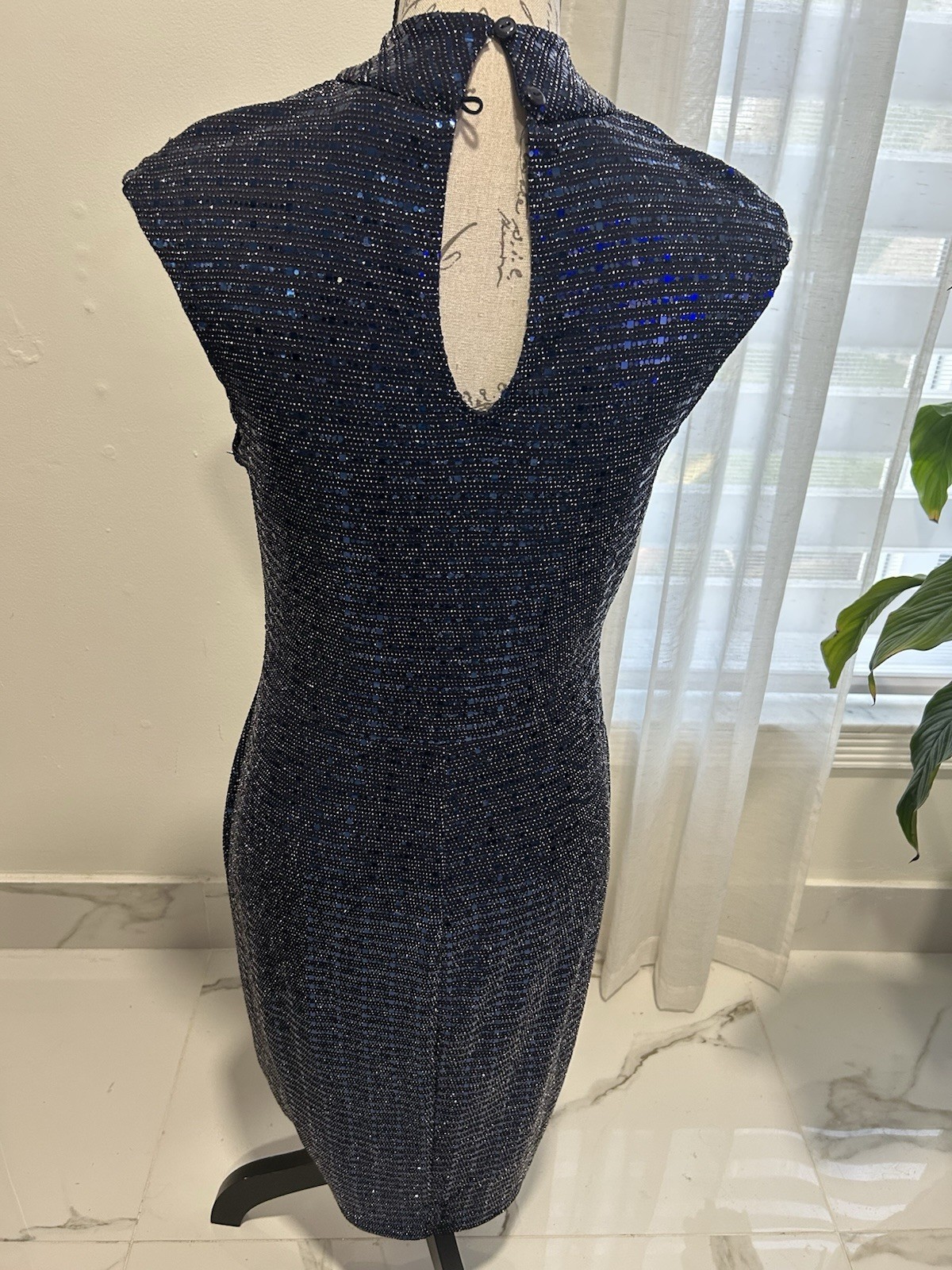 En Focus Studio Navy Sequin Mock Neck Keyhole Sleeveless Sheath Stretch Dress 8