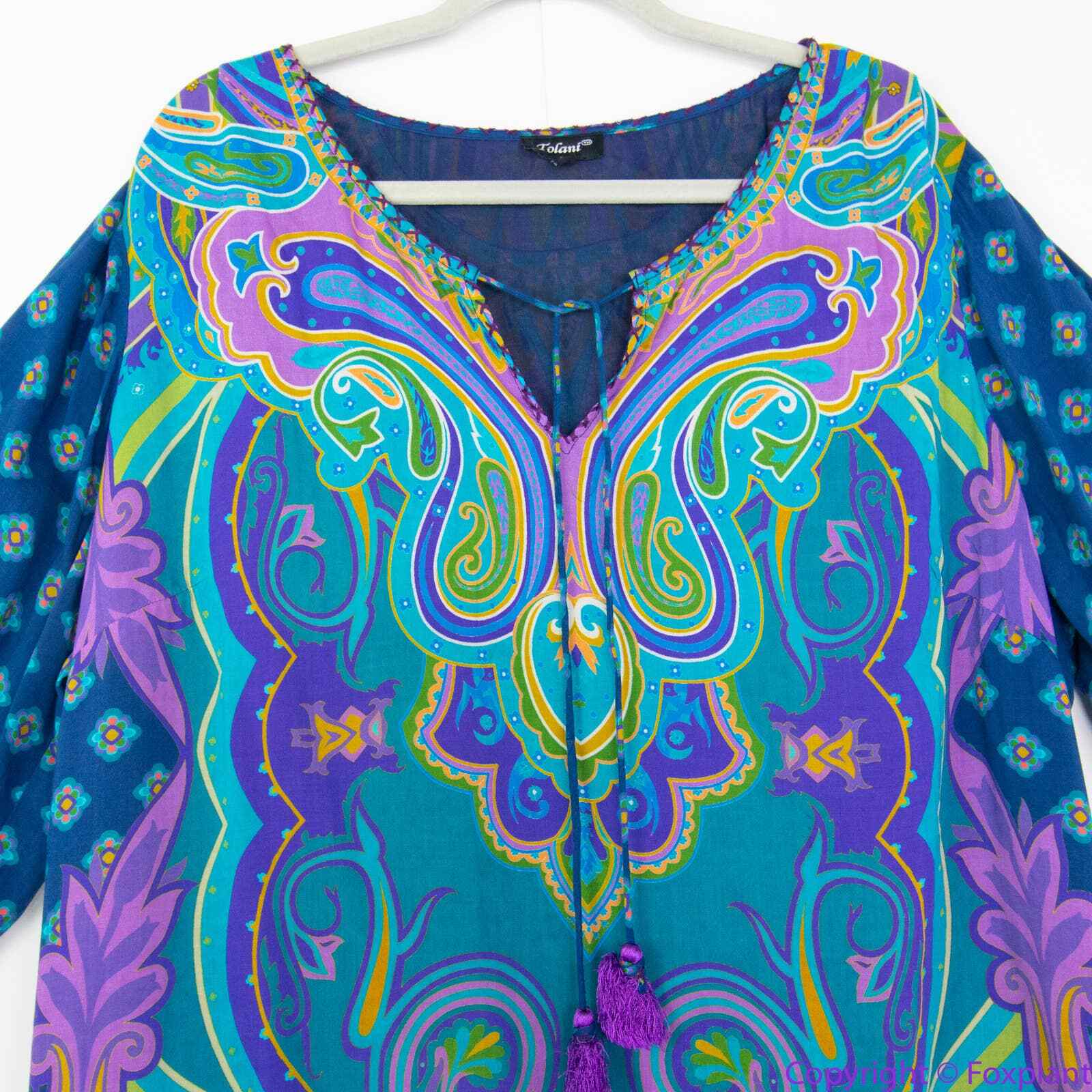 Tolani blue Electric Paisley Shift Dress with tassle half-sleeve, 1X