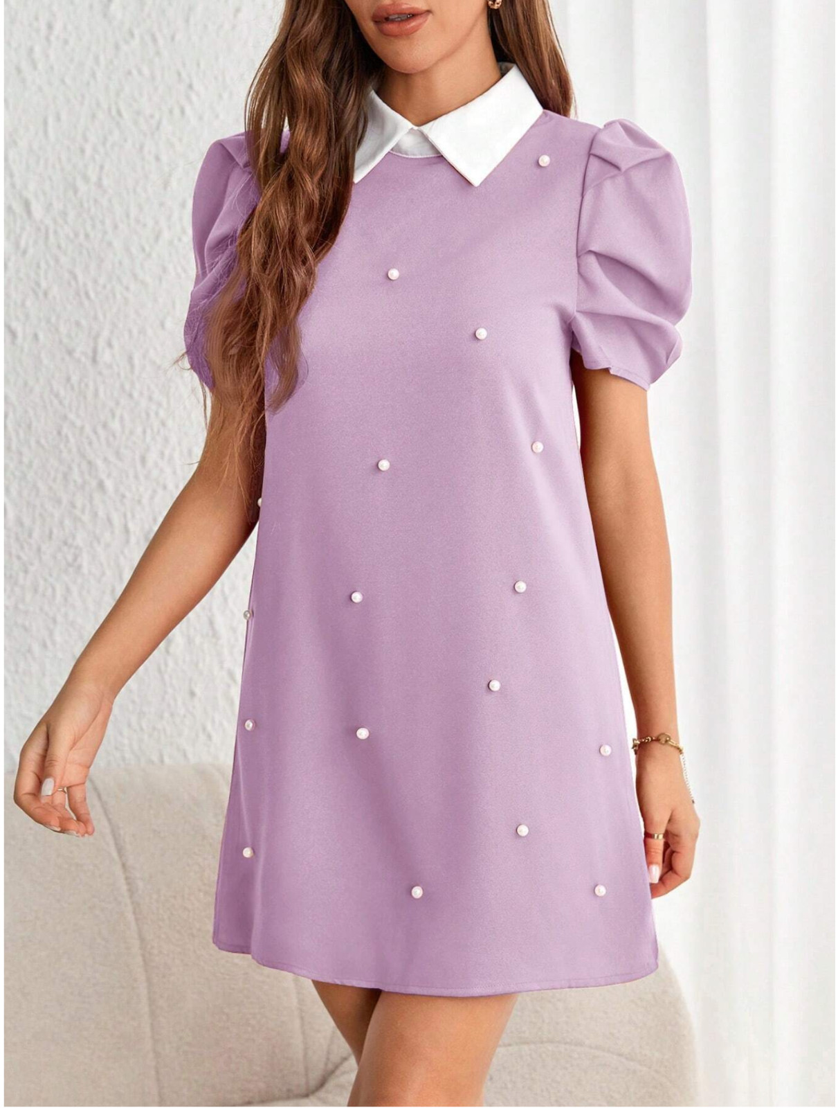 Purple Privé Pearls Beaded Puff Sleeve Dress Sz XS S M L XL