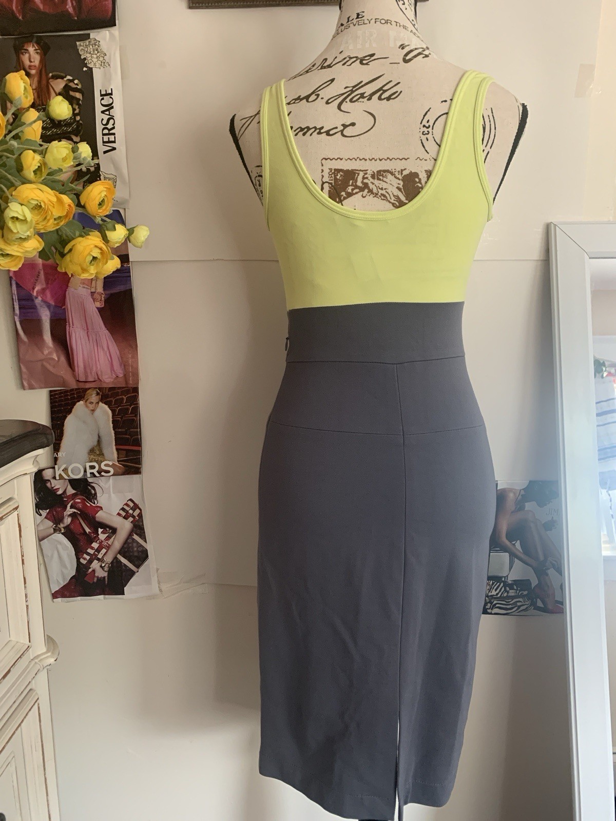 Theory Marisca Colorblock Sheath Dress 0 Yellow/Gray Sleeveless Zip 90376617