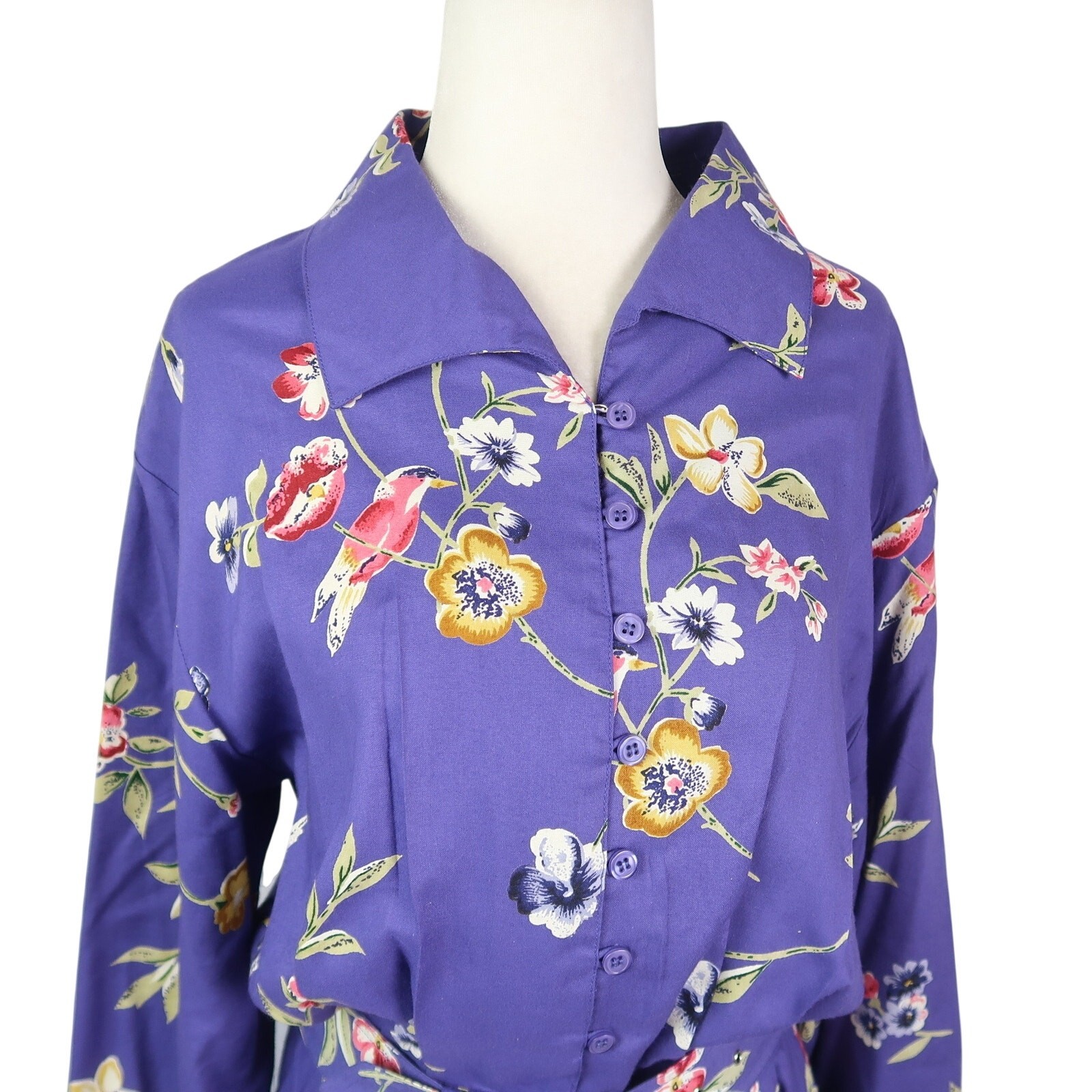 Vintage 90s Together! Purple Floral Bird Print Maxi Shirt Dress 8
