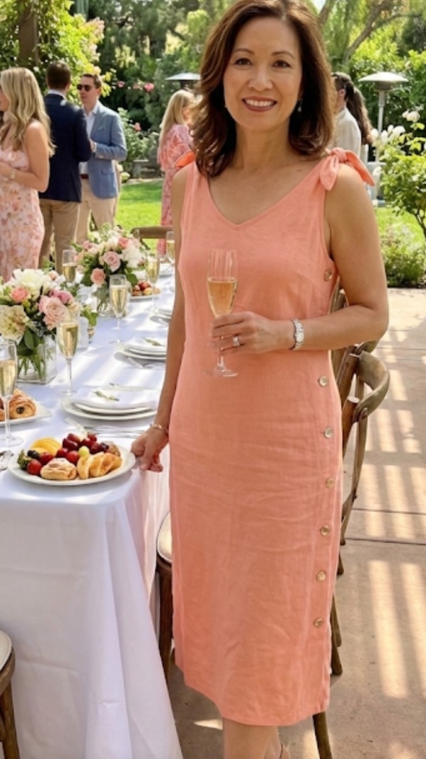 J Peterman Dress Womens 12 Peach Linen Midi Side Button Sleeveless Bow Tie Strap