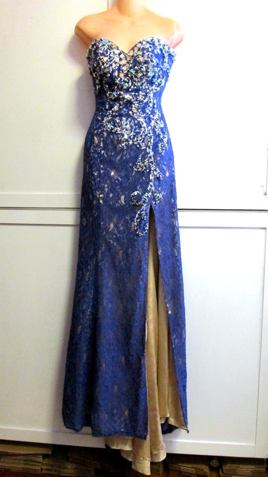 Mori Lee Strapless Blue Lace Gold Alloy Crystals & Lining Maxi Gown -Sequin- 5/6