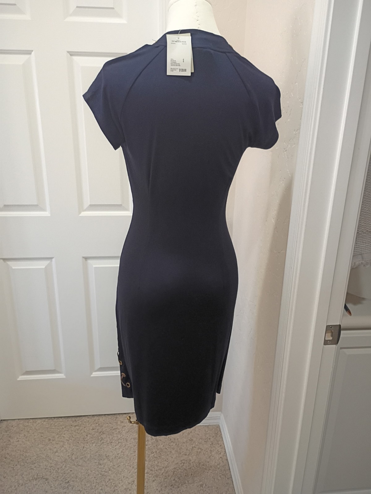 CARMEN NEW NAVY SHORT SLV. DRESS W/ LEATHER DETAIL SZ. S