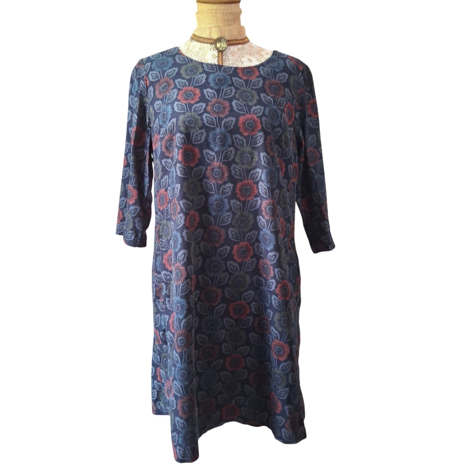 Seasalt Cornwall West Pentire Dress Navy Blue Floral Corduroy Shift Size 10 US