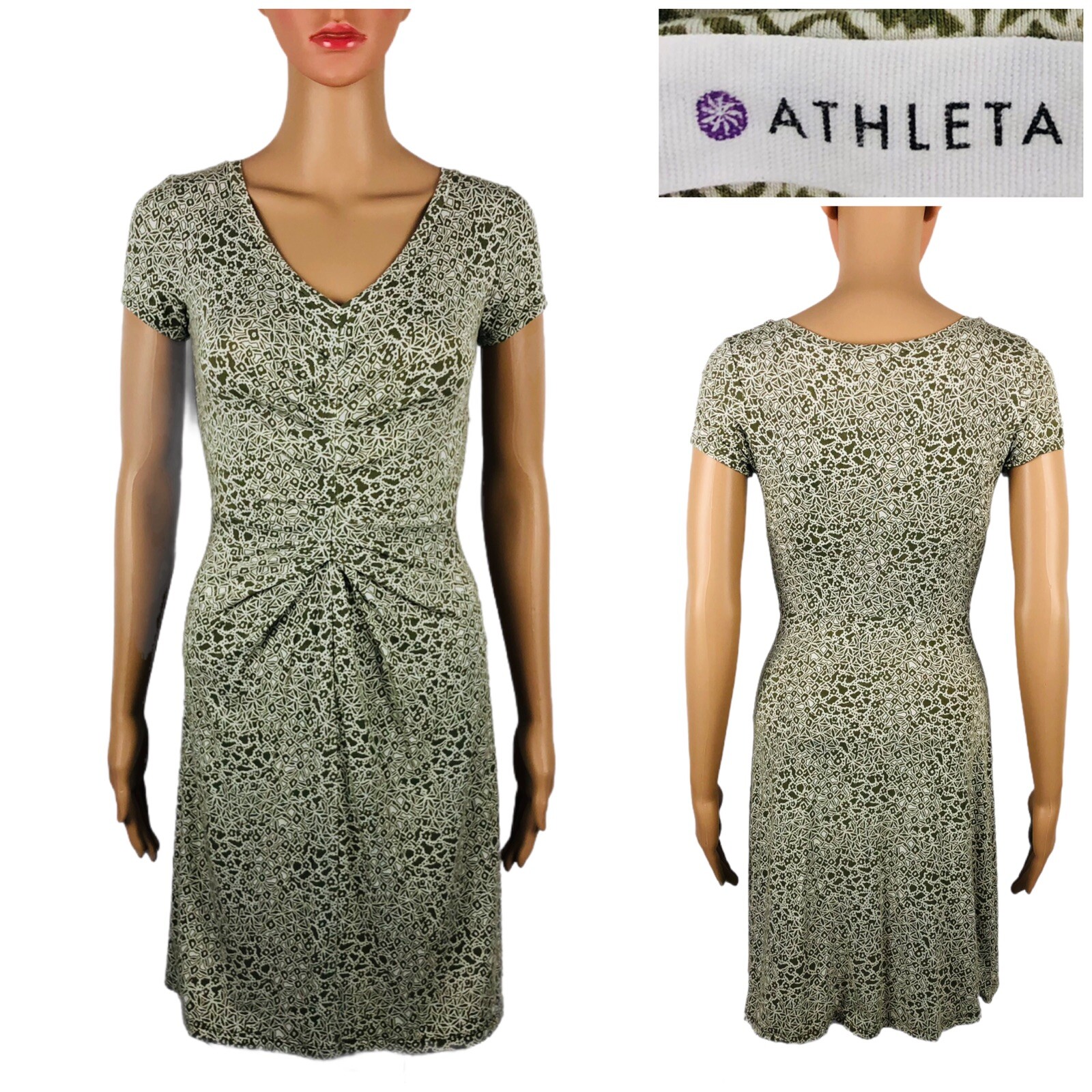 Athleta Womens XXS 2XS Dress Green Floral Modal Short Sleeve Stretch 964460 EUC