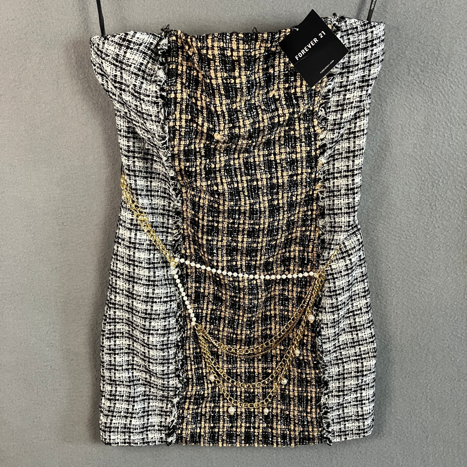 Forever 21 Women’s Strapless Tweed Mini Dress Size M Multicolor Chain Belt NWT