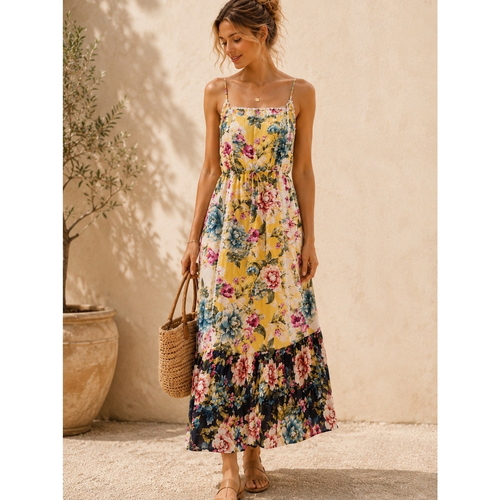 Farm Rio Floral Maxi Dress Yellow Cottagecore Crochet Trim Sundress Small