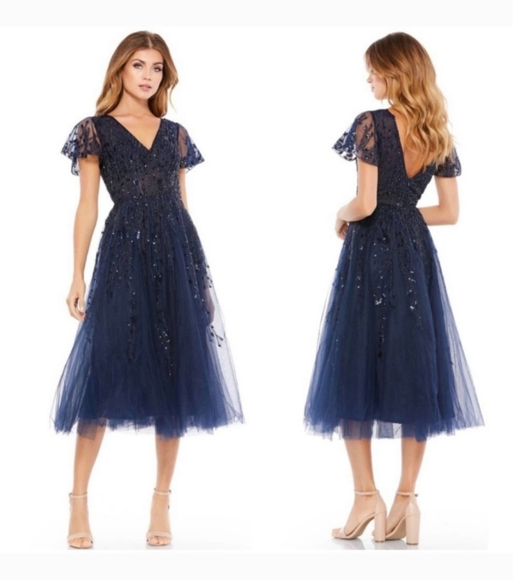 Mac Duggal Blue Sequin Beaded V-Neck Flutter Sleeve Tulle Midi Dress 6