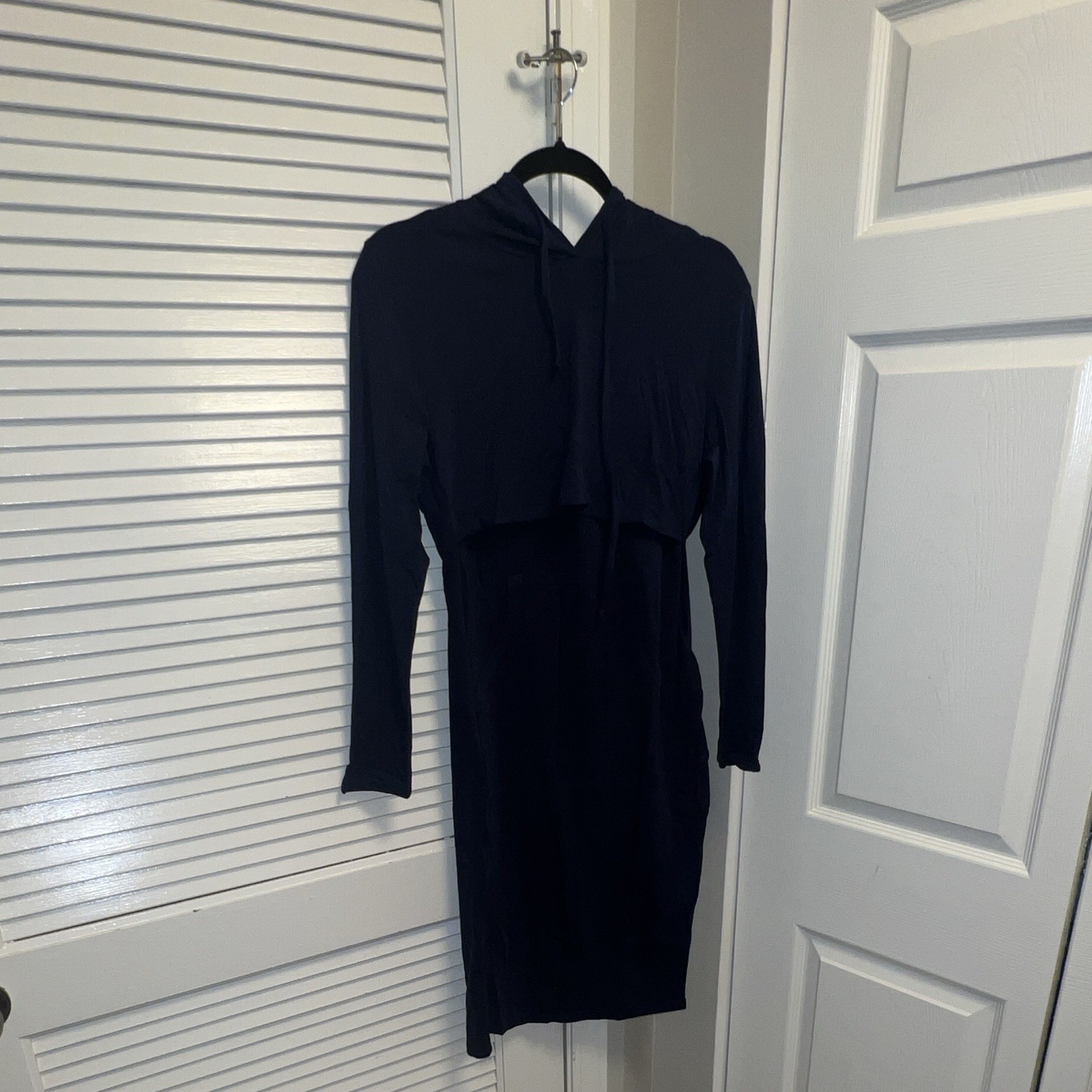 Missky Women’s Navy Solid V-Neck Hoodie Dress Hooded Pockets Long Sleeve S