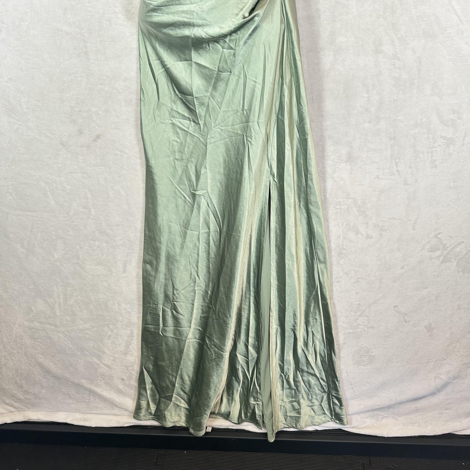 Billy J Dress Womens 8 Sage Green Satin One Shoulder Maxi Gown Side Slit Formal