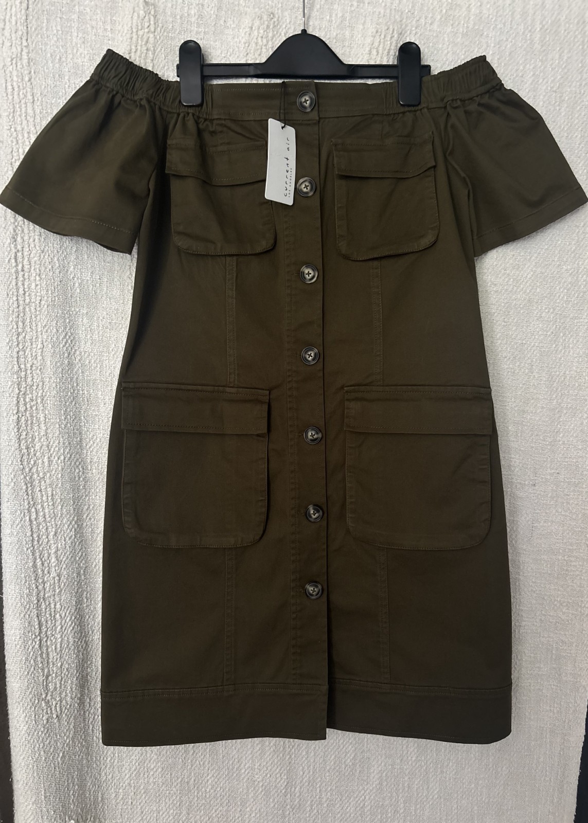 Current Air green olive khaki off the shoulder safari military midi dress S BNWT