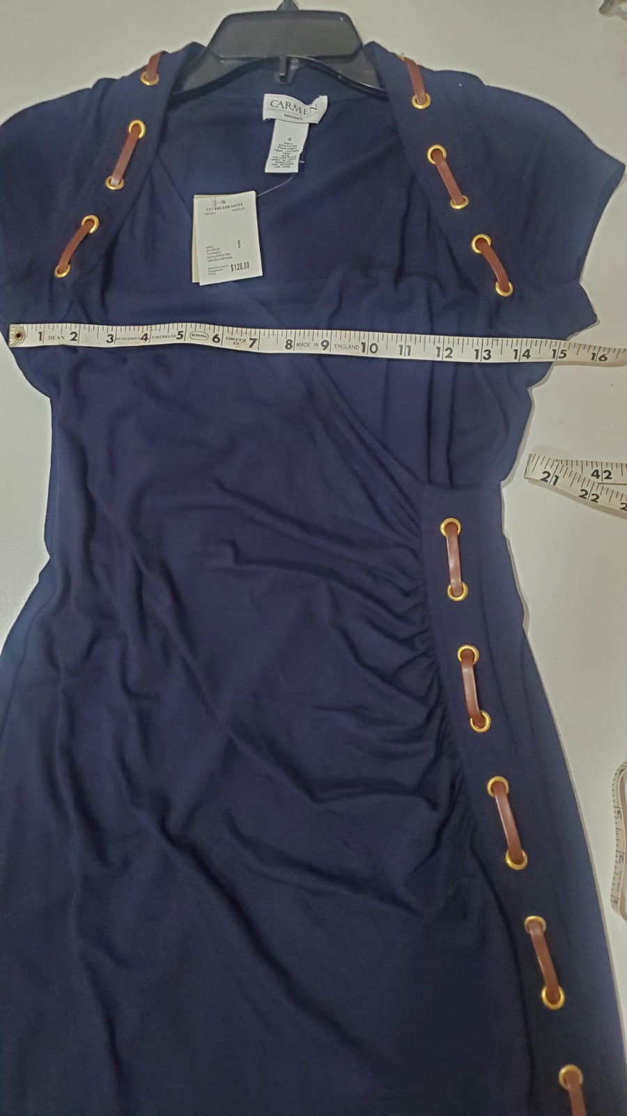 CARMEN NEW NAVY SHORT SLV. DRESS W/ LEATHER DETAIL SZ. S