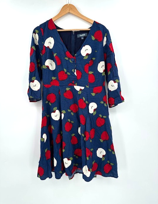 ModCloth Apple Print Fit & Flare Dress Blue Red 3/4 Sleeve Women’s Large
