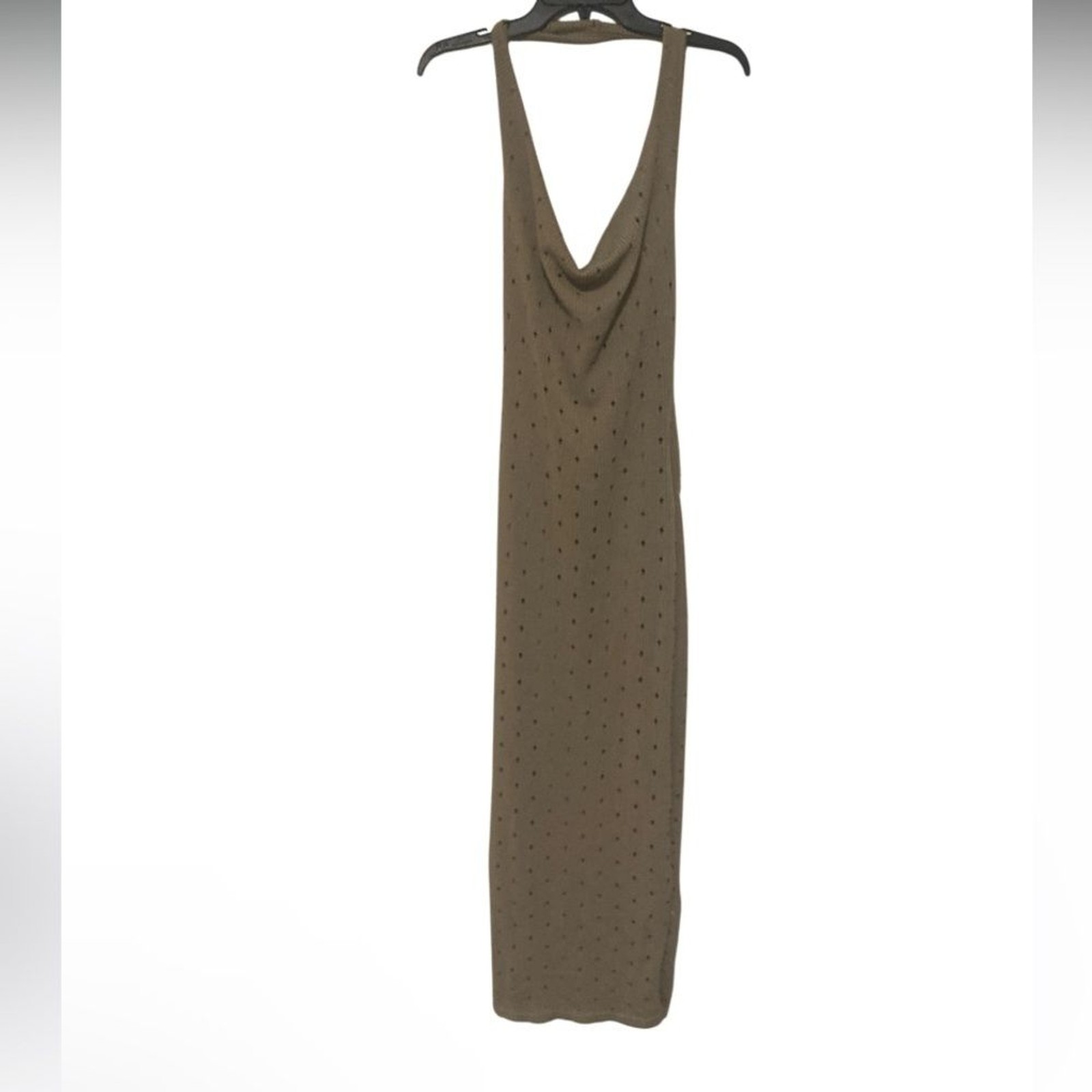 PrettyLittleThing Brown Cowl Neck Dress All Over Holes Bodycon Trendy – Size 4