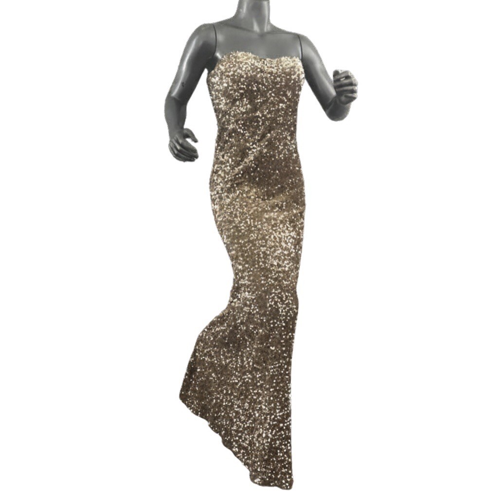 Fashion Nova Gold Sequin Strapless Maxi Dress Back Zip Size M