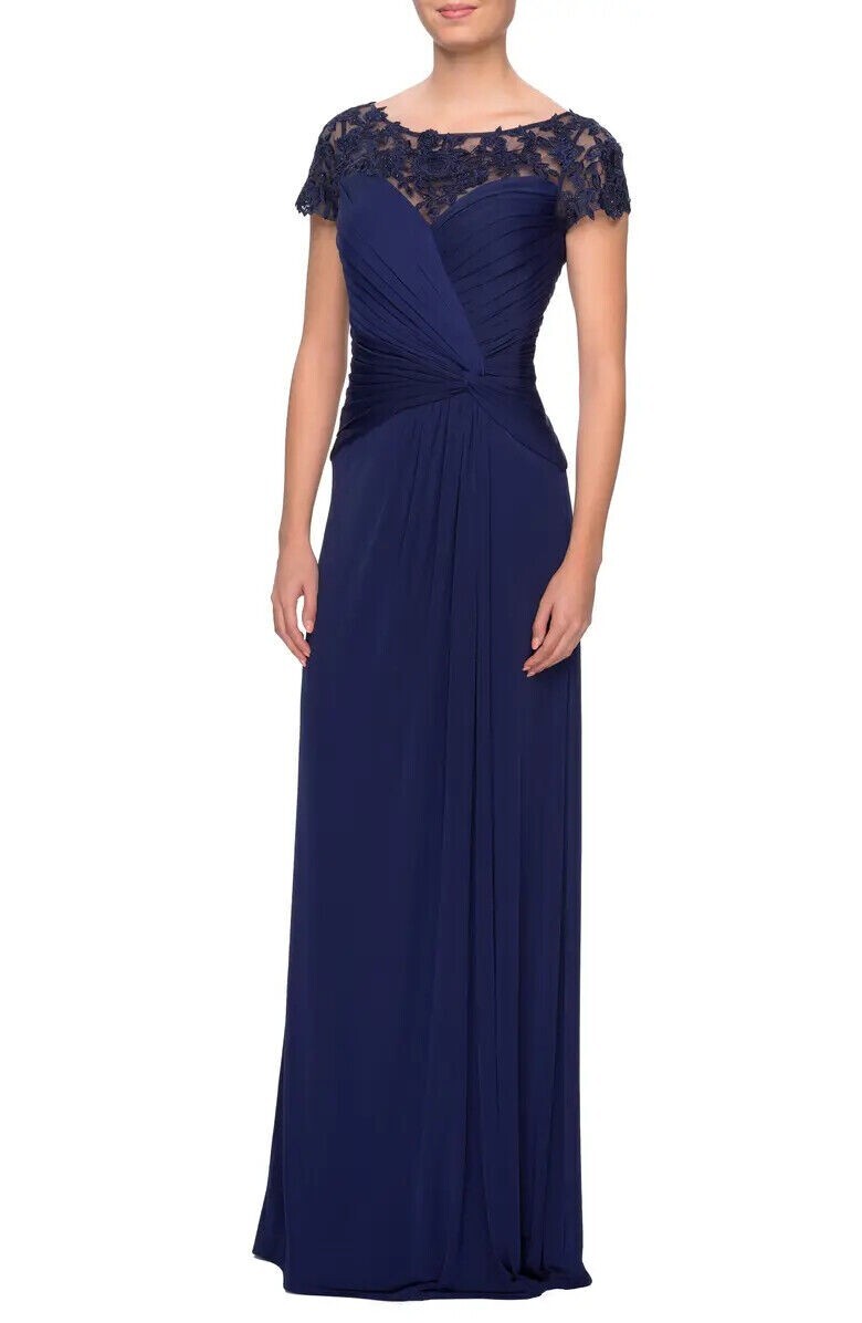 La Femme Navy Blue Illusion Yoke Twist Front Jersey Gown Size 8 Orig $348