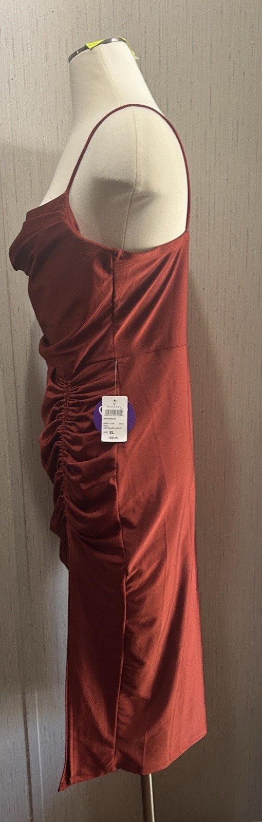 Windsor Rust Satin Cowl Neck Ruched Side Slit Strappy Midi Bodycon XL