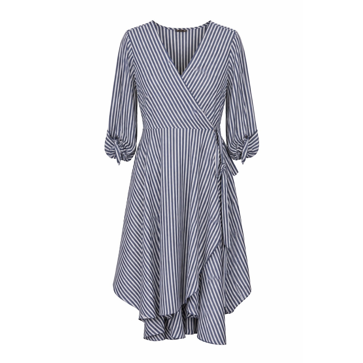 Mlle Gabrielle Navy White Striped Faux Wrap Midi Dress with Asymmetrical Hem