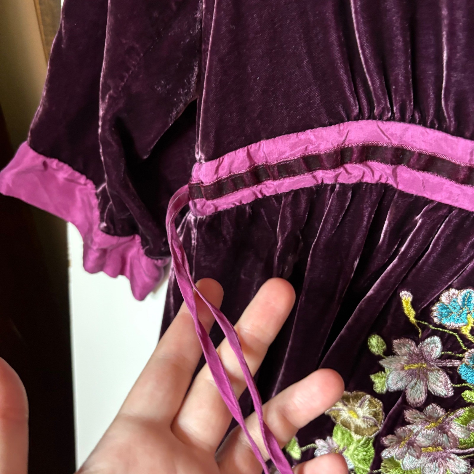 Johnny Was Velvet Mini Dress Womens XS Purple Silk Blend Floral Embroidered