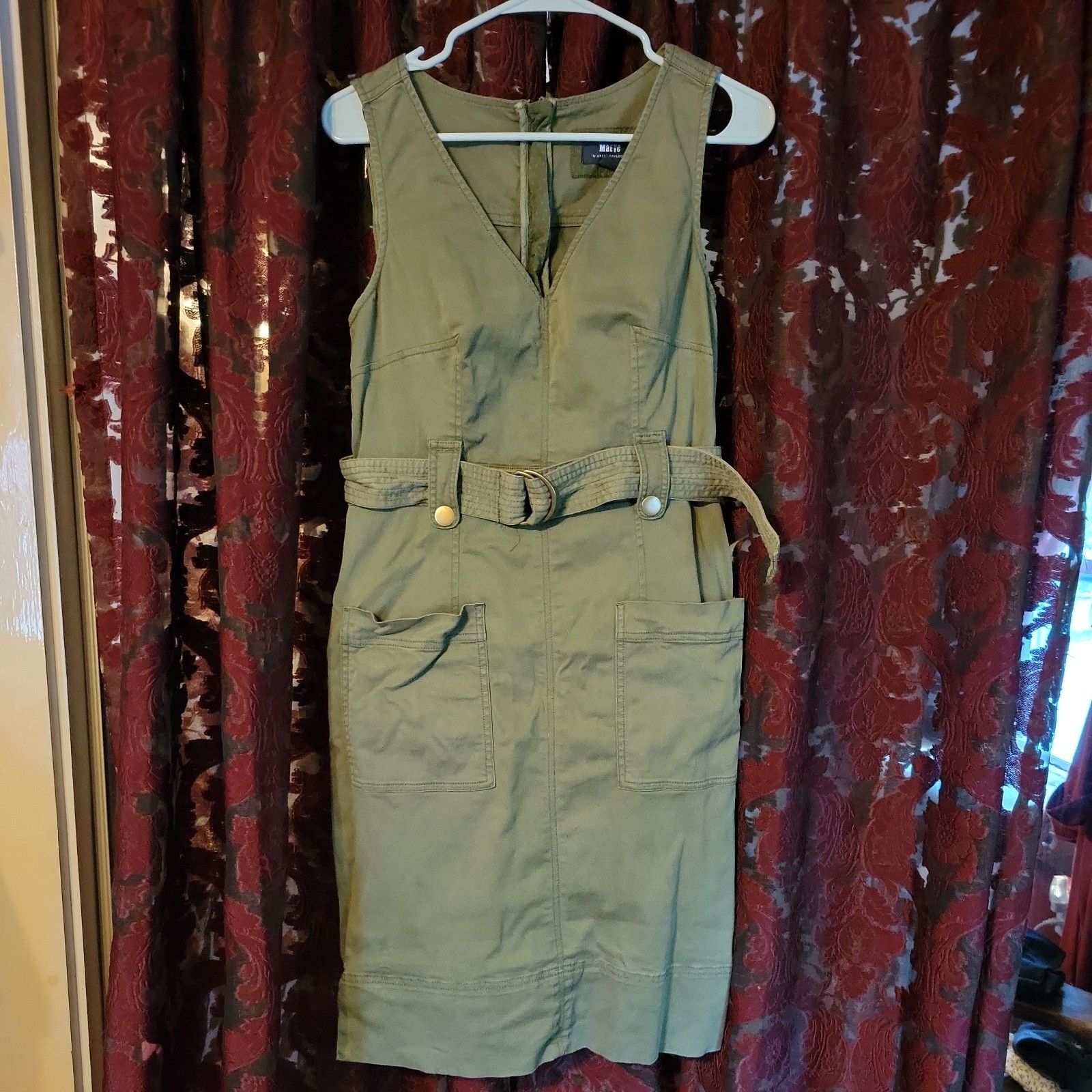 Maeve Anthropologie Olive Green Utility Belted Sheath Dress V-Neck Size 6
