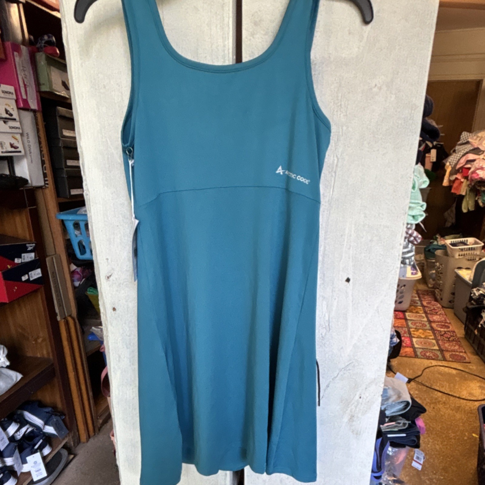 Arctic Cool Blue Knit Tank Dress Knee Length Scoop Neck Sleeveless S