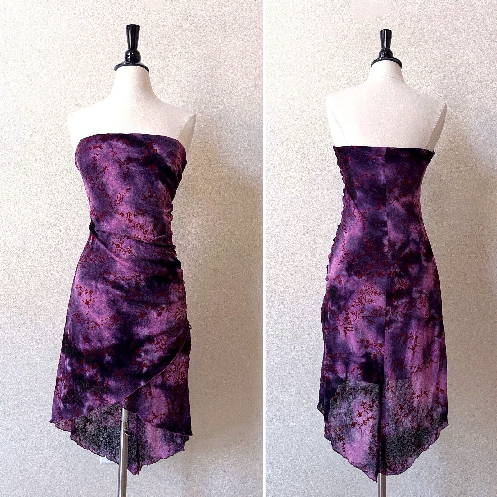 Vintage Y2K Strapless Asymmetrical Dress Medium Velvet Florals Tie Dye Fairycore