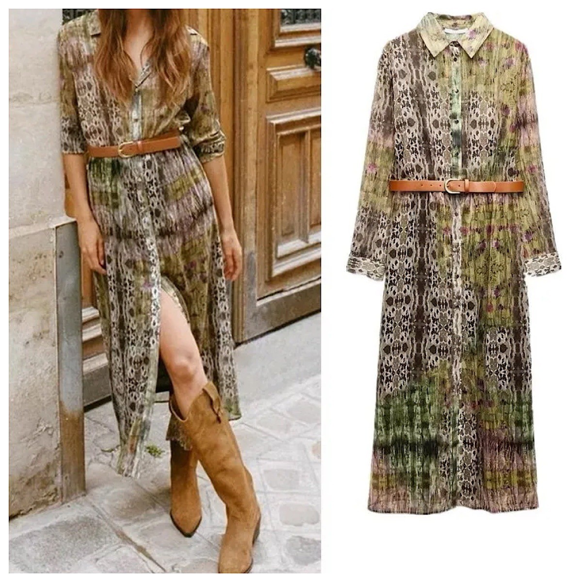 ZARA Chiffon Metallic Shirt Dress Sz Small Multicolor Green Belted Long Sleeve