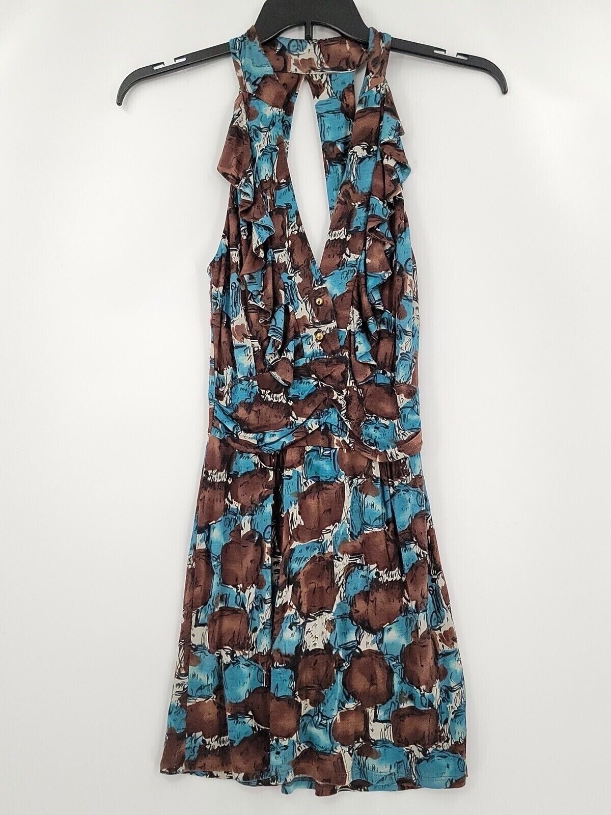 T-Bags Womens Fit & Flare Short Dress XS Brown Blue Halter Rayon Dry Clean NWT
