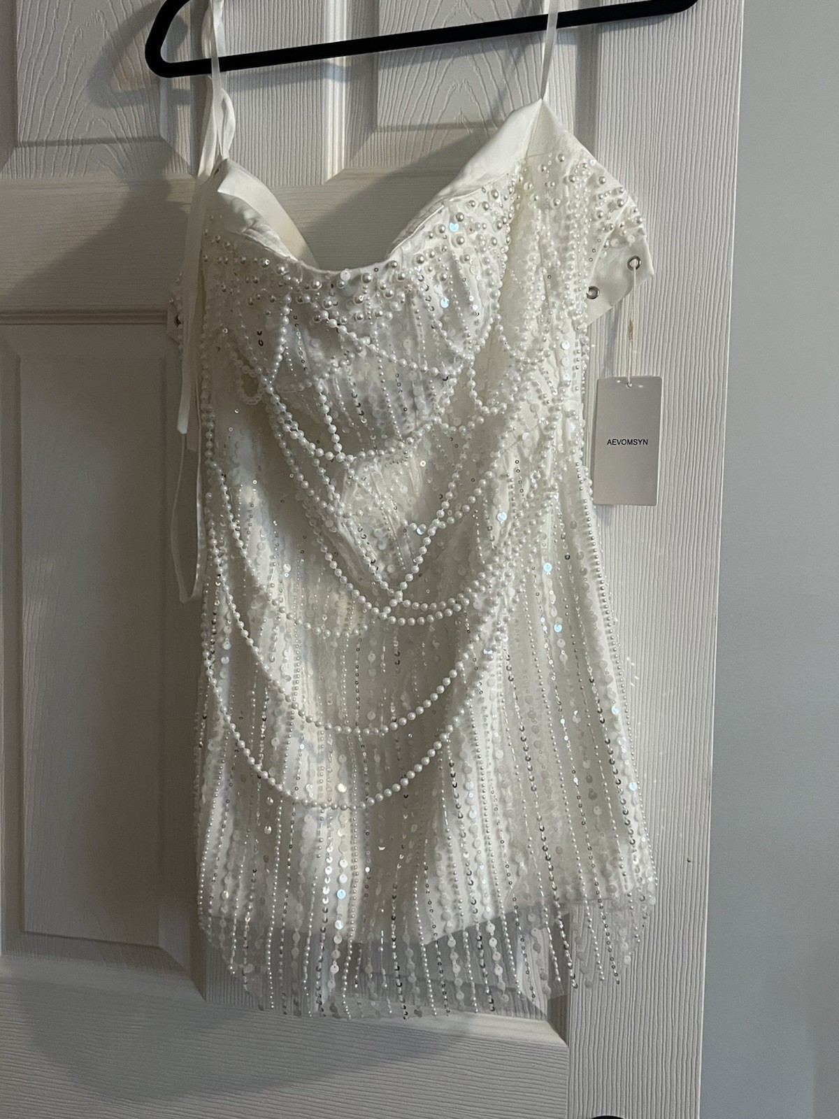 AEVOMYSYN White Mesh Beaded Sequin Mini Dress V-Neck Lace Up Lined S