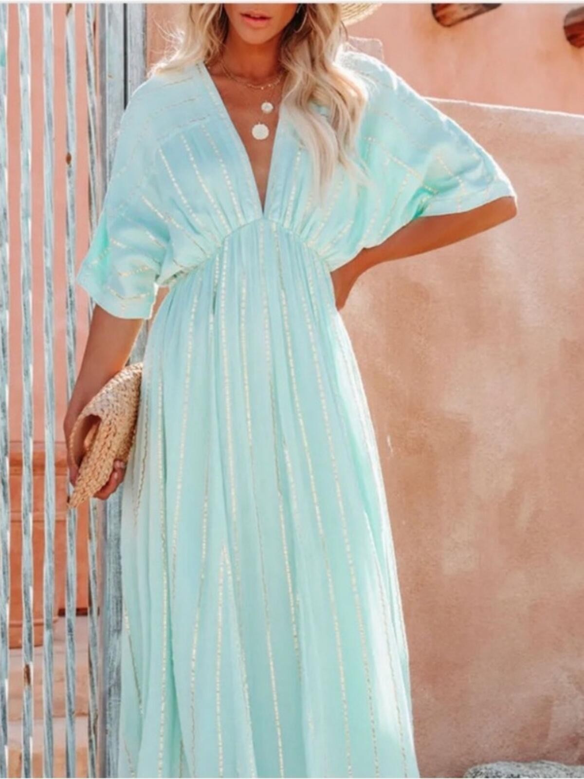 NWT En Creme Shimmer Mint with Gold Stripe Midi Dress Size XS