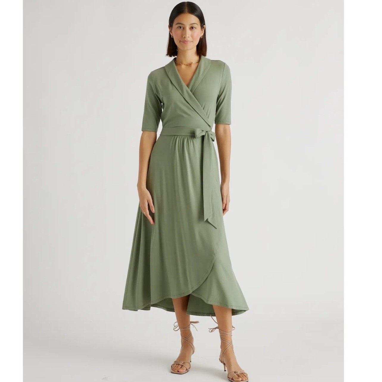 Quince Tencel Jersey Midi Wrap Dress Sage Green Short Sleeve- Size Medium