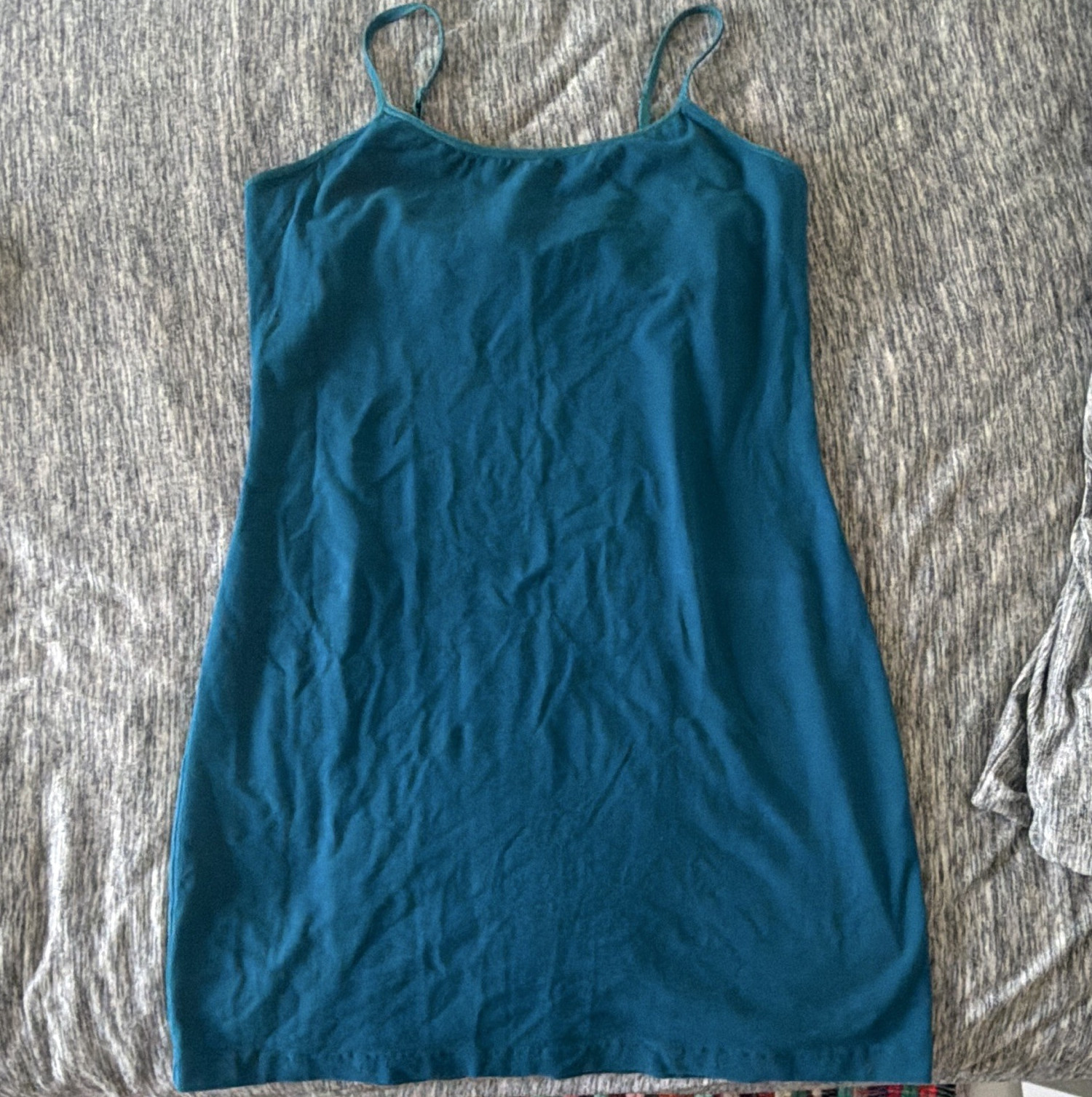 Express Teal Knit Slip Dress L Scoop Neck Knee Length Stretch Spaghetti Straps