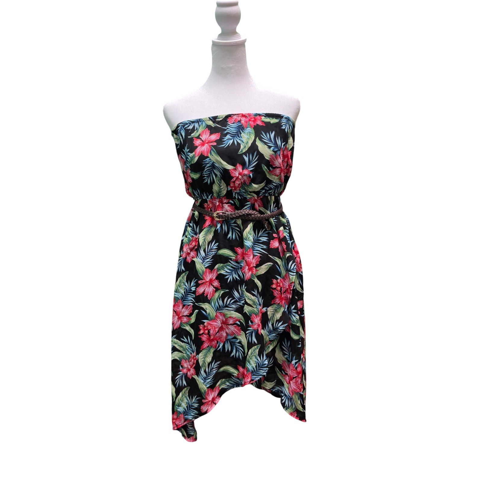 Tube Dress Isis Small Women Black Good Tropical Floral High-Low Belted