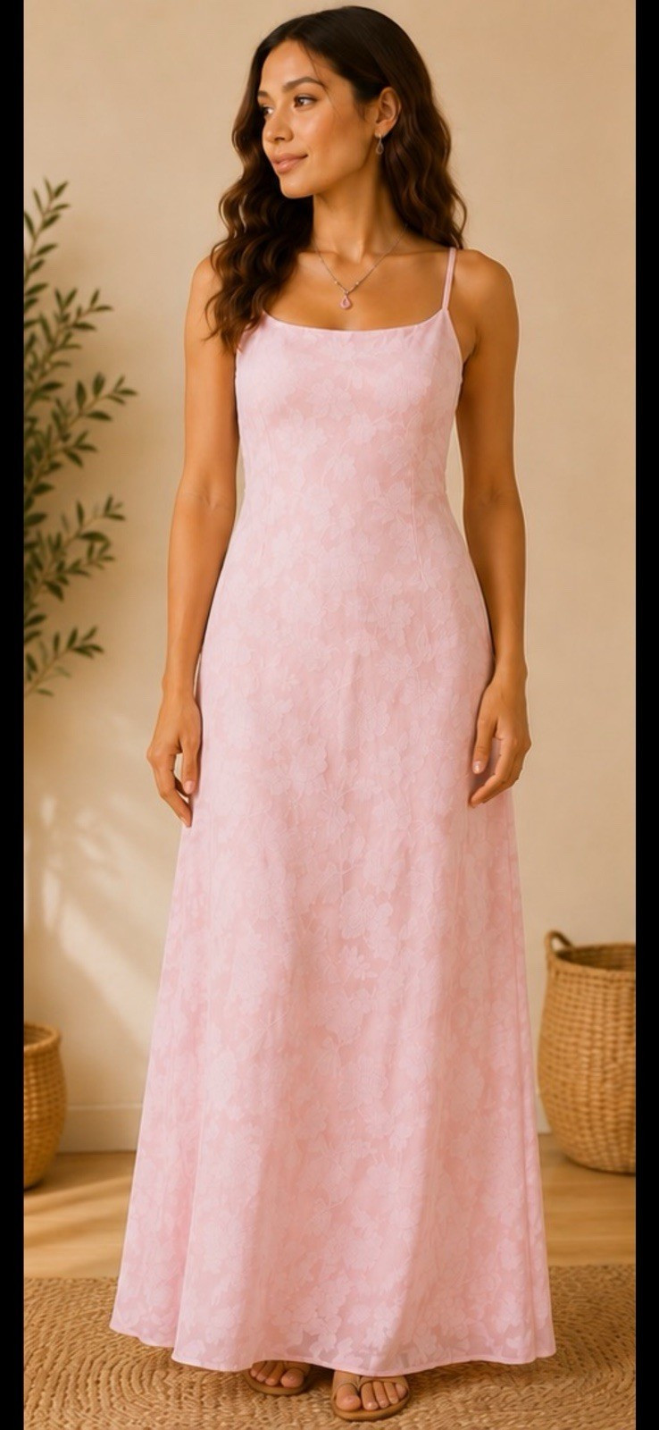 Pink Tie-Dye Maxi Dress M Scoop Neck Spaghetti Straps Criss-Cross Tie Back